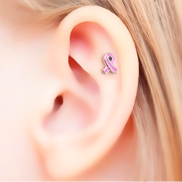 1PC 925 Sterling Silver Breast Cancer Awareness Pink Ribbon Helix Stud Earring - Picture 9 of 12